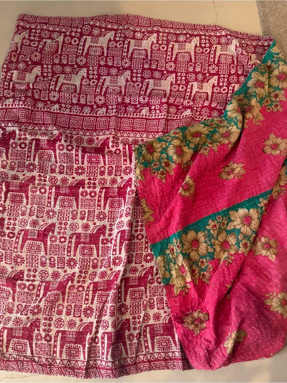 Kantha Throw Blanket Reversible Pink & Teal Floral /Red & Cream Vintage